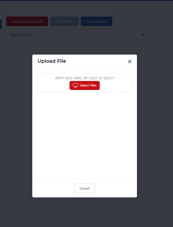 Upload File modal: DROP FILES HERE, OR CLICK TO SELECT, Select Files button